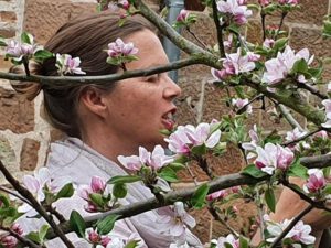 Melanie Schulz im blühenden Apfelbaum